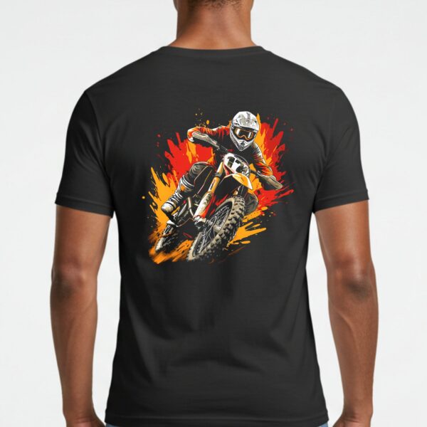 Black AURO Motocross T-Shirt featuring a dirt bike rider graphic with fiery background.