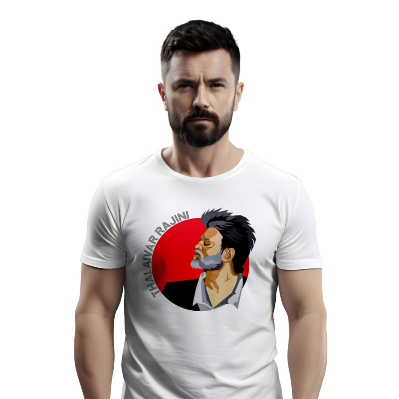 Thalaivar Rajini Vector T-Shirt 220 GSM – A bold, Rajinikanth-themed tee showcasing the Superstar’s iconic design with a premium cotton finish for comfort and durability.