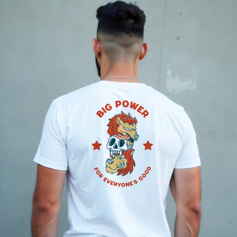 White AURO big power T-Shirt with "Big Power for Everyone’s Good" slogan on the back and AURO logo on the left chest.