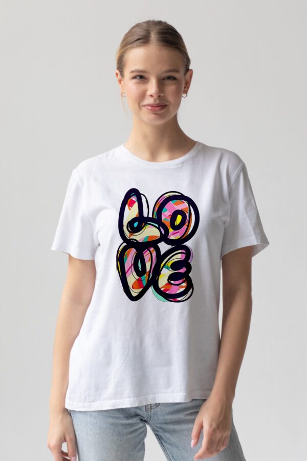 LOVE Sketch T-Shirt with a colorful, hand-drawn "LOVE" design printed on the front.