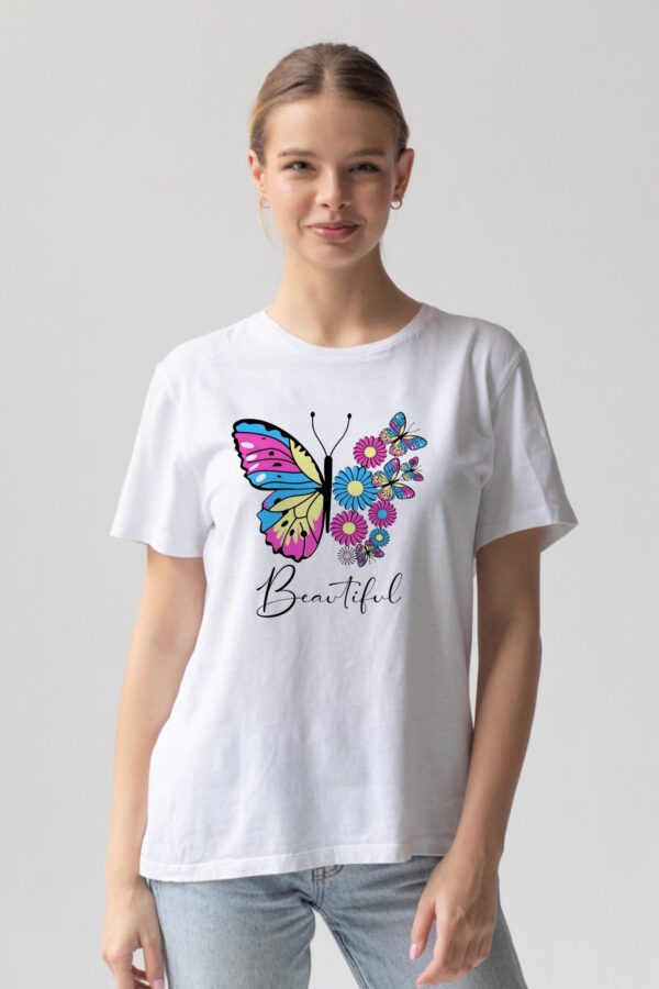 Beautiful Butterfly T-Shirt – Elegant Women's Fashion Butterfly T-Shirt for women with an elegant butterfly print and inspiring word on the front.