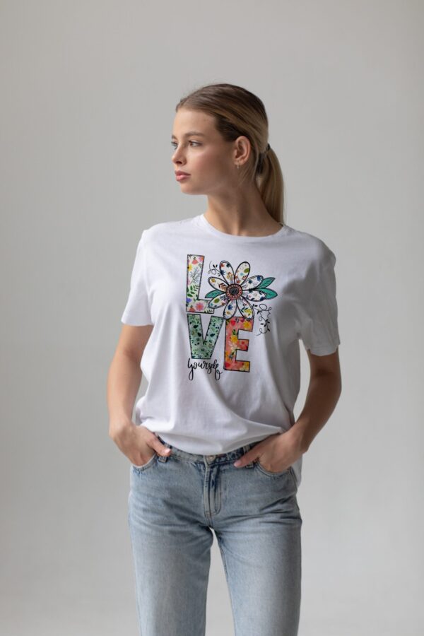 LOVE Flower T-Shirt – Feminine & Elegant Women's Tee LOVE Flower T-Shirt with a stylish "LOVE" design where the ‘O’ is replaced by a flower