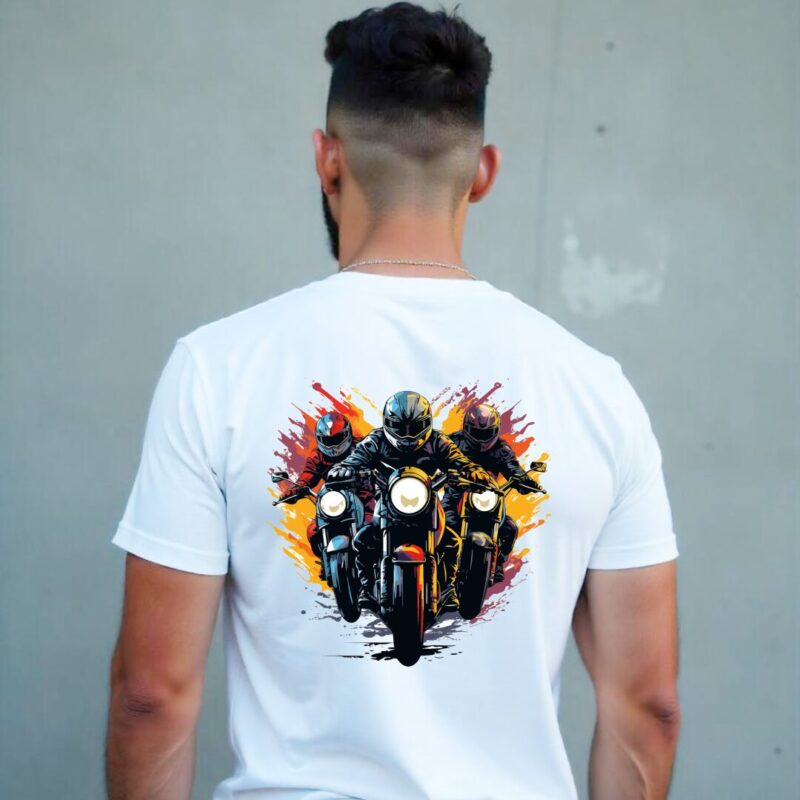 Racing Spirit T-Shirt 220 GSM – A premium tee featuring a three-bike racing vector design, perfect for motorcycle lovers and racing fans.
