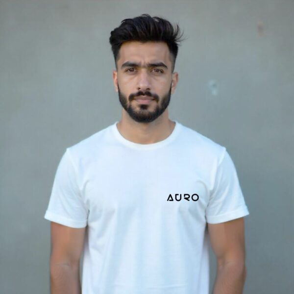 White AURO T-Shirt with "Big Power for Everyone’s Good" slogan on the back and AURO logo on the left chest.