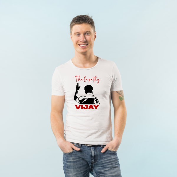 Thalapathy Vijay T-Shirt 220 GSM – A premium fan tee featuring a Vijay vector design, made with 220 GSM cotton for maximum comfort and durability.