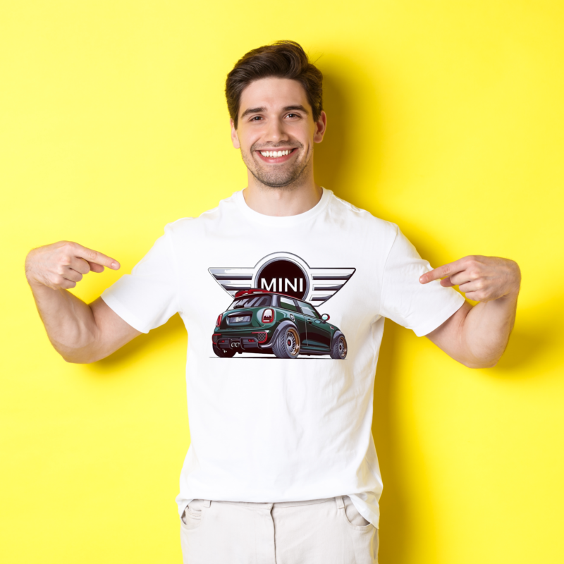 Mini Cooper Lover T-shirt with a sleek Mini Cooper vector design and logo, made from 220 GSM cotton.