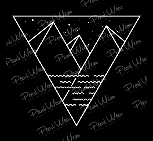 a triangle with mountains and water in it