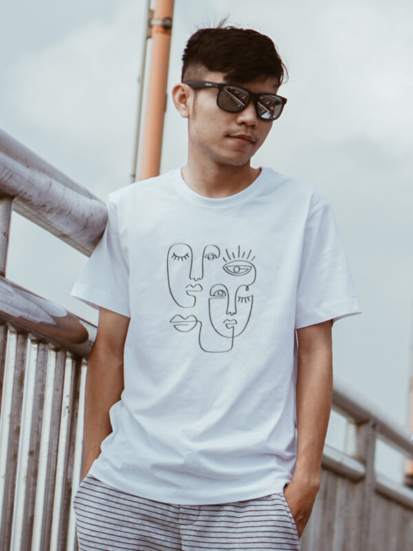 Minimalist Two Faces T-Shirt with a simple, abstract line art drawing of two faces printed on the front.