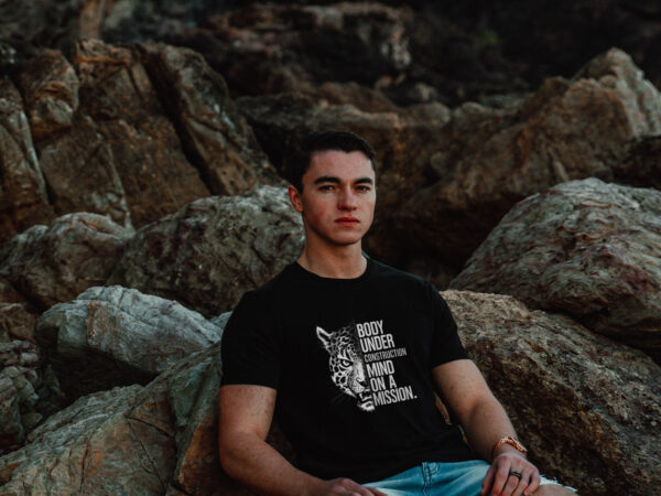 Tiger Face T-Shirt with a half tiger face and gym quote printed on the front.