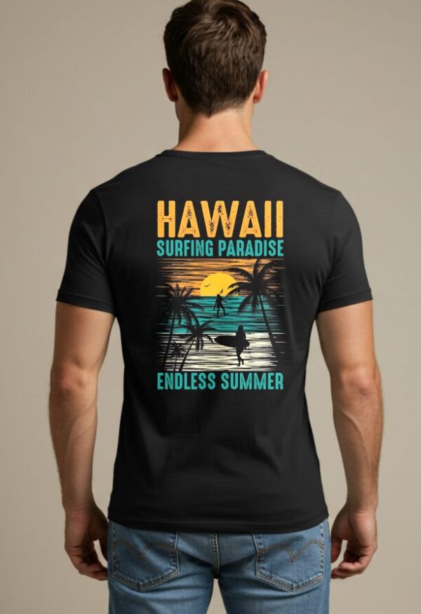 Hawaii Surfing Paradise T-Shirt with a retro-style beach and surf design printed on the back.