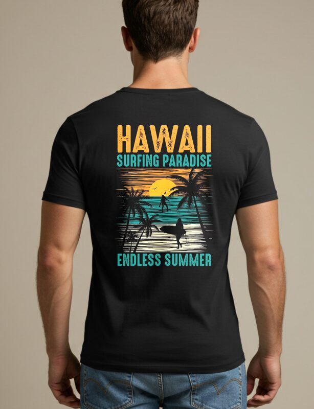 Hawaii Surfing Paradise T-Shirt with a retro-style beach and surf design printed on the back.