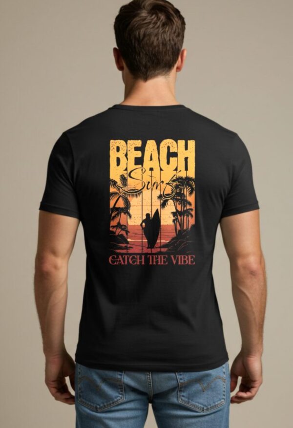 Beach Surf T-Shirt with a retro illustration of a girl holding a surfboard on the back.