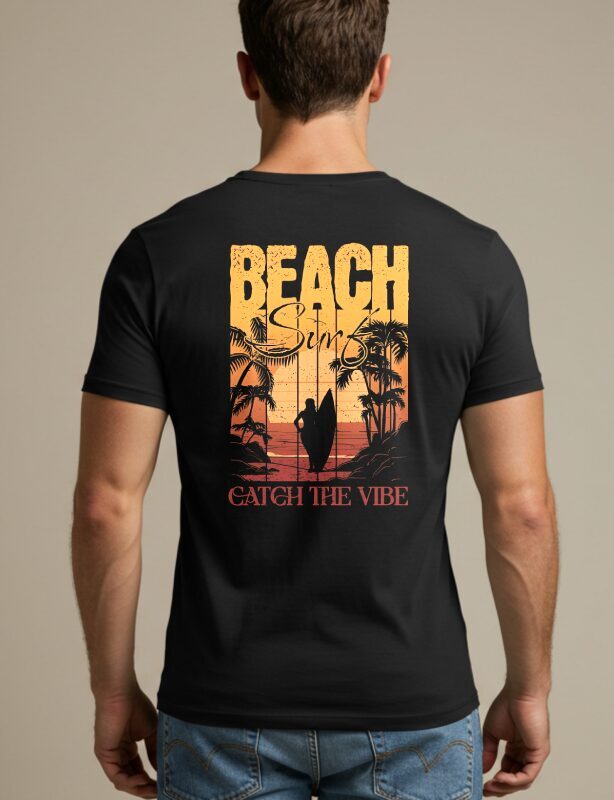 Beach Surf T-Shirt with a retro illustration of a girl holding a surfboard on the back.