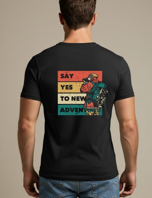 Say Yes to New Adventures T-Shirt with a travel-inspired design printed on the back.