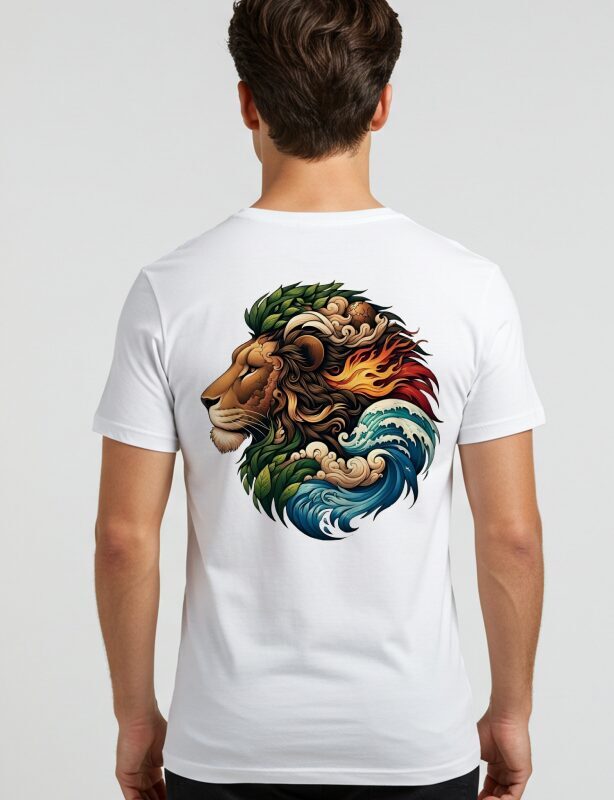 Black AURO Lion Graphic T-Shirt with a vibrant, artistic lion print on the back and AURO branding on the front.