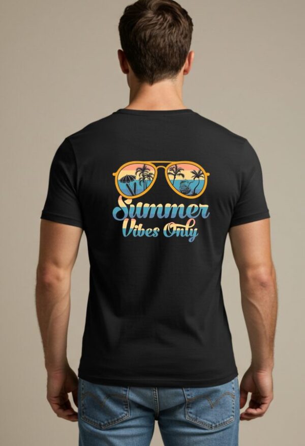 Summer Vibes Only T-Shirt with a stylish sunglasses graphic printed on the back.
