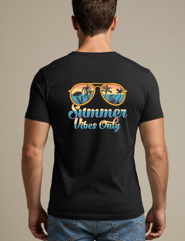 Summer Vibes Only T-Shirt with a stylish sunglasses graphic printed on the back.