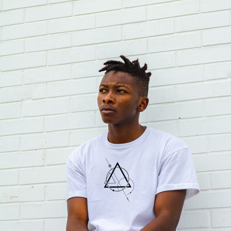 Triangle and circle t-shirt with line art printed on the front