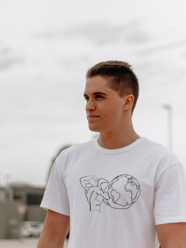 Line Art Globe T-Shirt – Man Holding Earth Minimal Line Art Globe T-Shirt