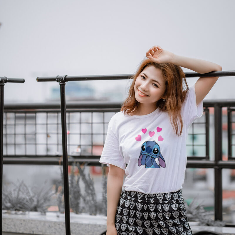 Cute Stitch Cartoon T-Shirt with a Stitch and hearts print on the front.