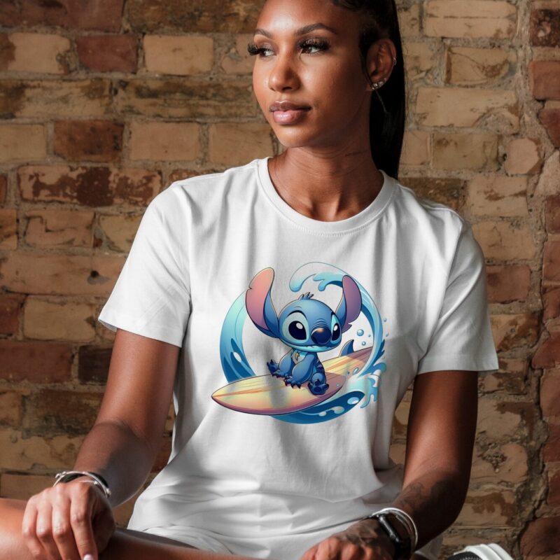 Stitch Surfing T-Shirt featuring Stitch riding the waves in a fun tropical design.
