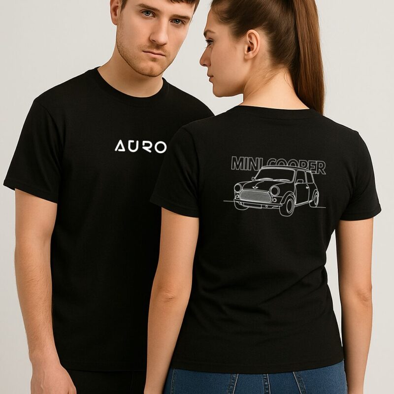 AURO Mini Cooper Line Art T-Shirt with back car graphic and front logo