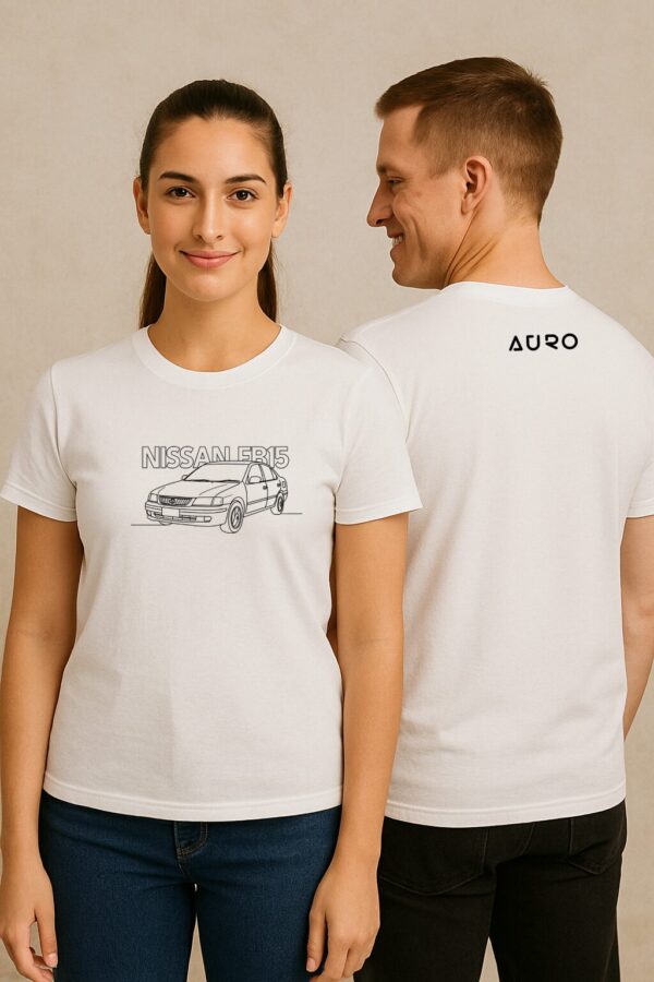 AURO Nissan FB15 Line Art T-Shirt with car illustration on front and AURO logo on back