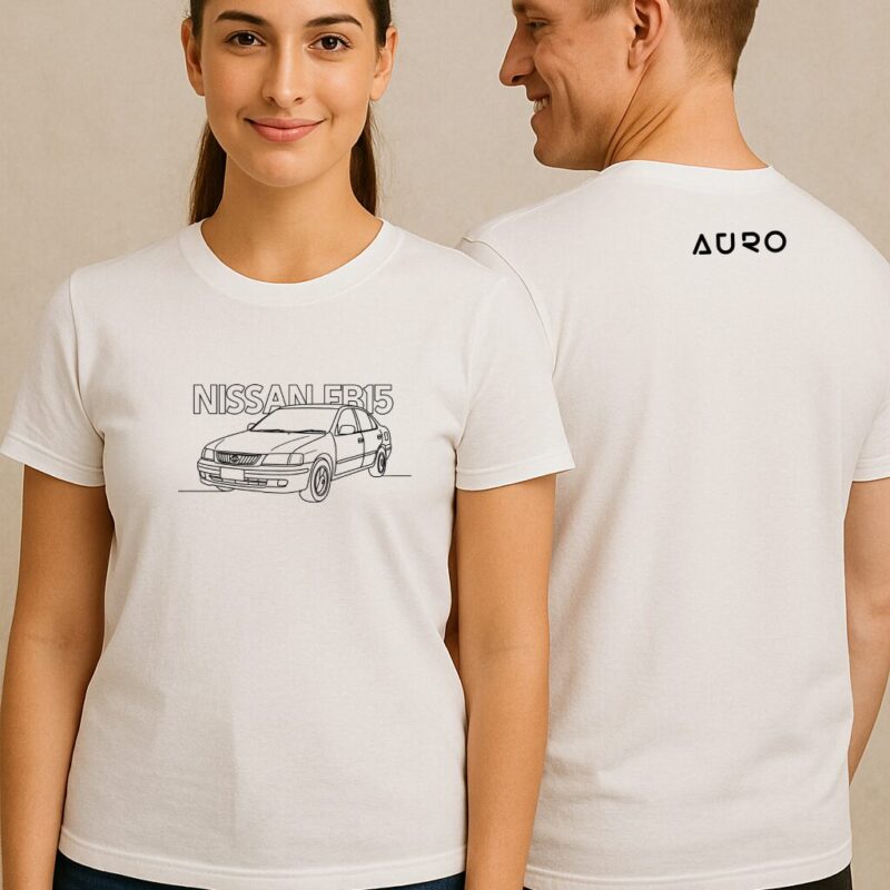 AURO Nissan FB15 Line Art T-Shirt with car illustration on front and AURO logo on back