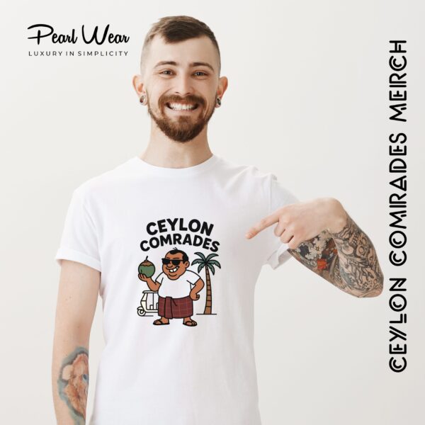 Ceylon Comrades King Coconut T-Shirt with sarong uncle and tuk tuk in tropical setting