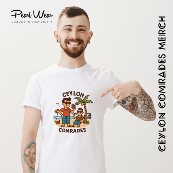 Ceylon Comrades Beach T-Shirt with tea, tuk tuk, crab, and boys