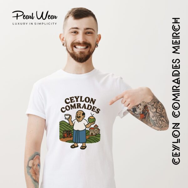 Ceylon Comrades Hill Country T-Shirt Ceylon Comrades Hill Country T-Shirt with tea estate, coconut, tuk tuk, and sarong uncle