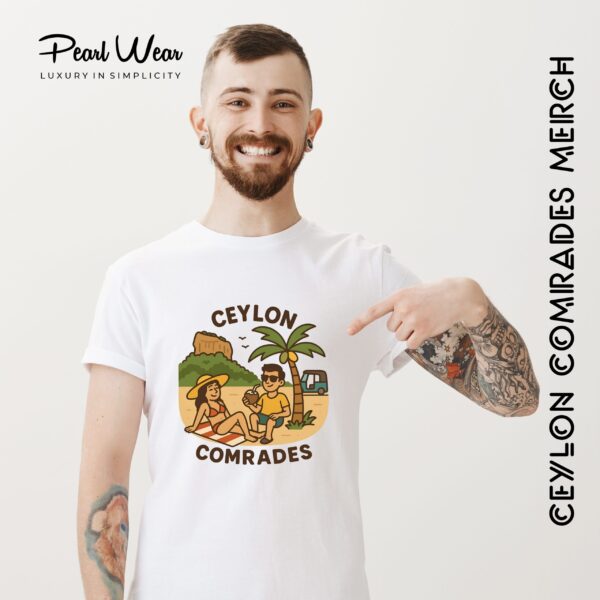 Ceylon Comrades Picnic T-Shirt featuring beach picnic with coconut, girl in bikini, boy under palm, and Sigiriya