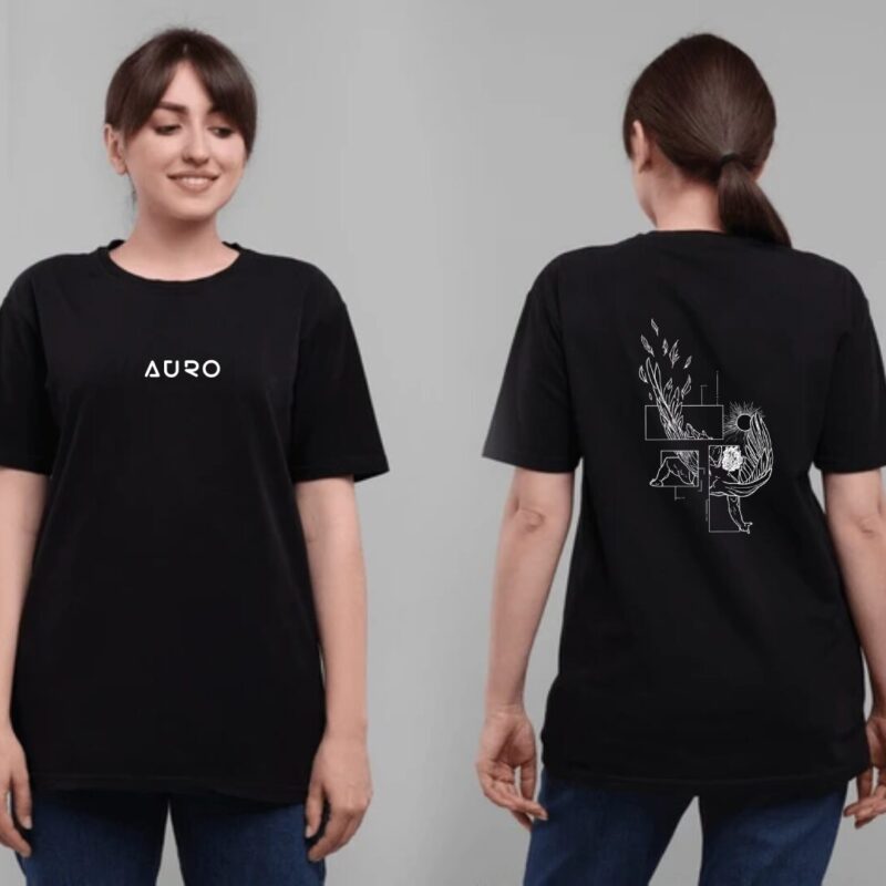 AURO line art black t-shirt with minimalist line art print, ideal for creatives and streetwear lovers.