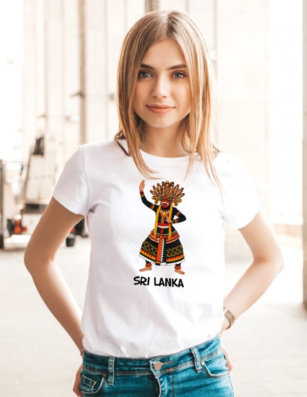 White T-Shirt with Sri Lankan Mask Dancer Print Sri Lankan Mask Dancer T-Shirt showing traditional cultural dancer with folk mask