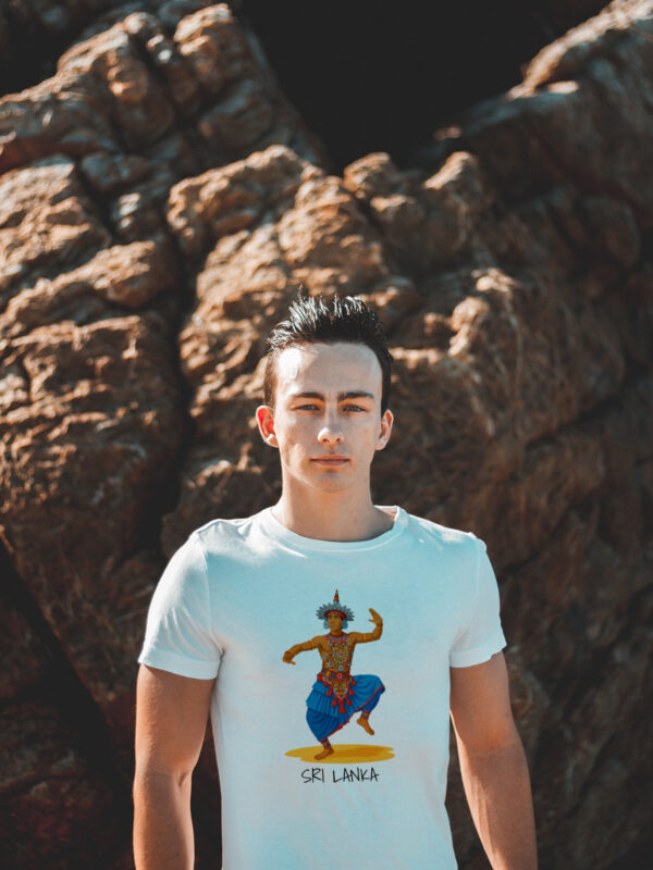 Kandyan Dancer T-Shirt showing Sri Lankan traditional dancer on white background