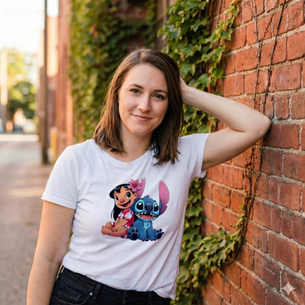 Stitch T-Shirt Sri Lanka white 220GSM cotton featuring Lilo and Stitch hugging