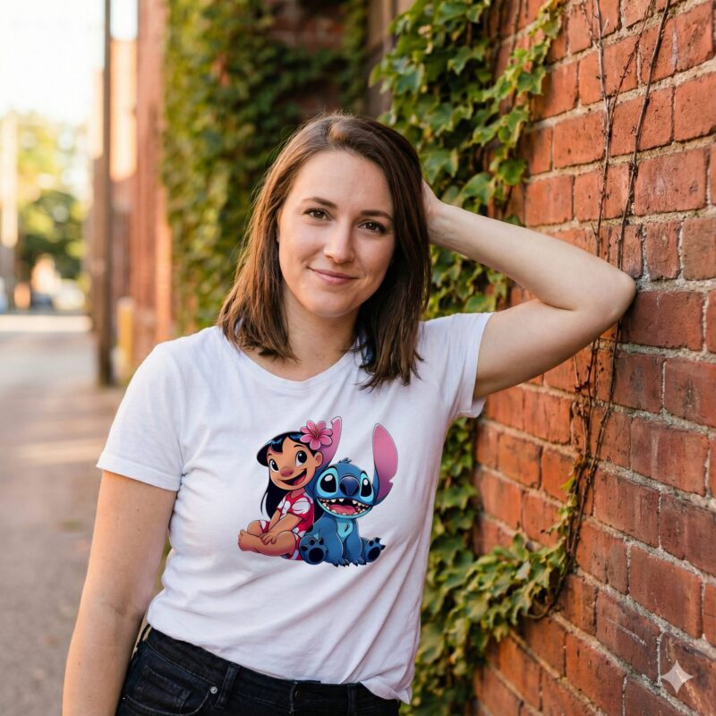 Stitch T-Shirt Sri Lanka white 220GSM cotton featuring Lilo and Stitch hugging