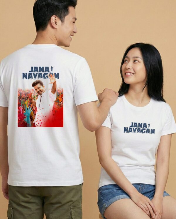 Thalapathy Vijay T-Shirt Sri Lanka white 220GSM cotton featuring Jana Nayagan text and Vijay waving to the crowd