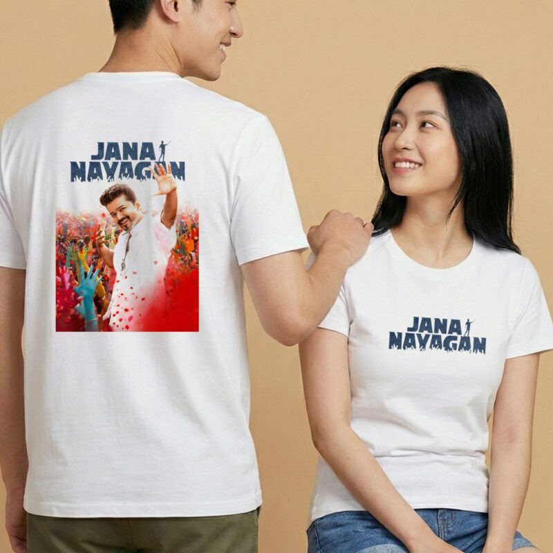 Thalapathy Vijay T-Shirt Sri Lanka white 220GSM cotton featuring Jana Nayagan text and Vijay waving to the crowd
