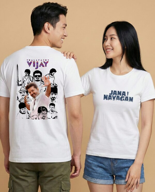 Thalapathy Vijay T-Shirt Sri Lanka white 220GSM featuring Jana Nayagan front text and a back collage of iconic movie roles