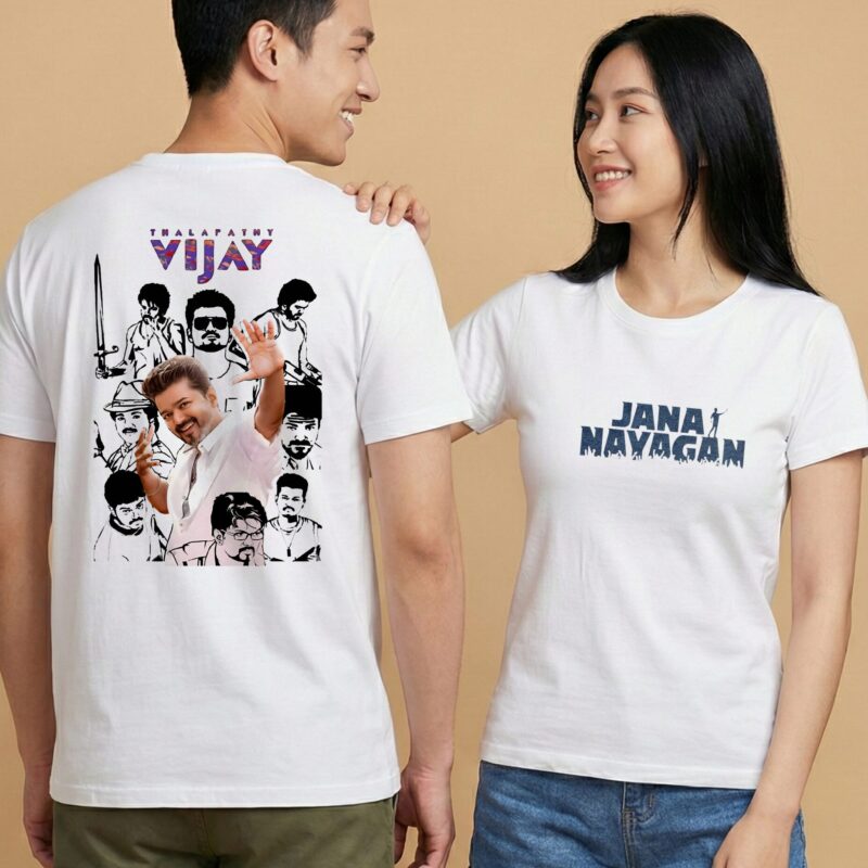 Thalapathy Vijay T-Shirt Sri Lanka white 220GSM featuring Jana Nayagan front text and a back collage of iconic movie roles