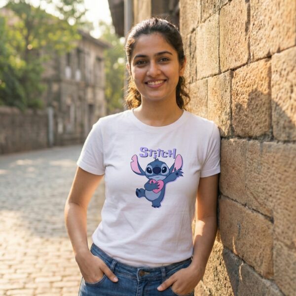 Stitch T-Shirt Sri Lanka white 220GSM cotton featuring Stitch holding a pink heart with purple text.