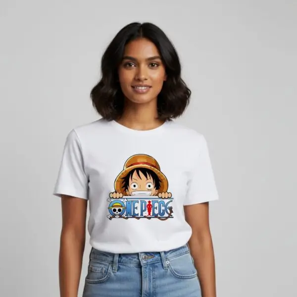 One Piece T-Shirt Sri Lanka white 220GSM cotton featuring Monkey D. Luffy peeking over the One Piece logo.
