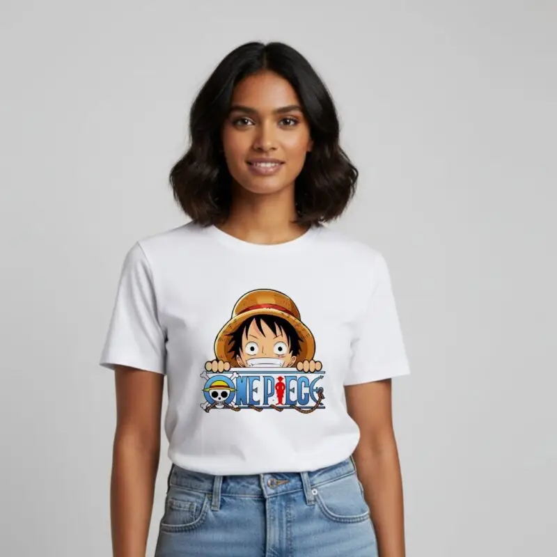 One Piece T-Shirt Sri Lanka white 220GSM cotton featuring Monkey D. Luffy peeking over the One Piece logo.