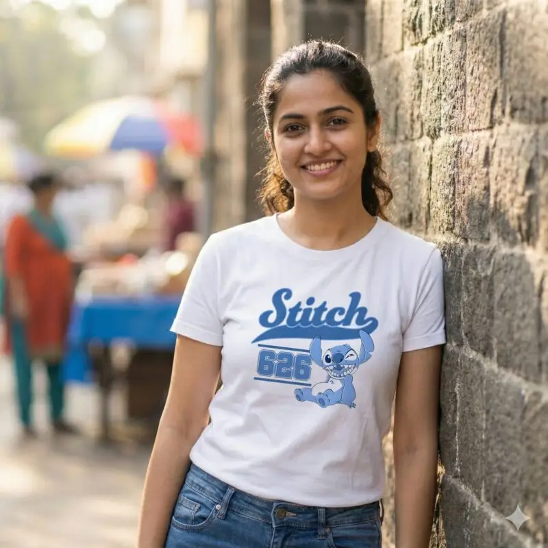 Stitch T-Shirt Sri Lanka white 220GSM cotton featuring blue varsity text and winking Experiment 626 character.