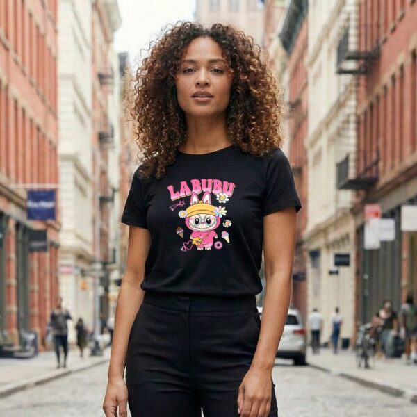 Labubu T-Shirt Sri Lanka black 220GSM cotton featuring cute pink Labubu character with flowers and ice cream.