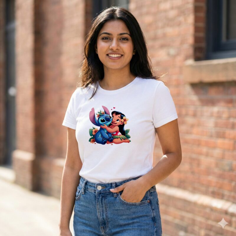 Smiling woman standing against a brick wall wearing a white Lilo and Stitch Graphic T-Shirt featuring Lilo hugging Stitch with tropical flowers