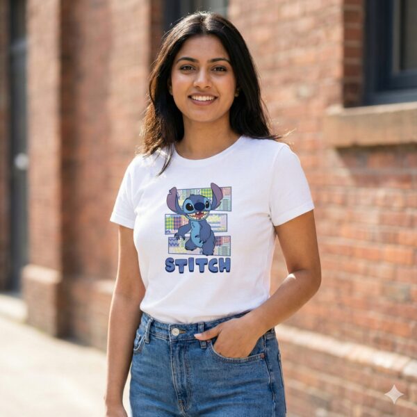 Stitch T-Shirt Sri Lanka white 220GSM cotton featuring Stitch with geometric patchwork patterns.