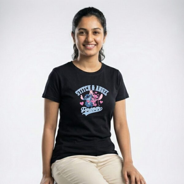 Stitch-T-Shirt-Sri-Lanka-Angel-Forever-Black-220GSM Stitch T-Shirt Sri Lanka black 220GSM cotton featuring Stitch and Angel hugging with Forever text.