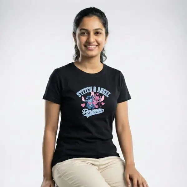 Stitch T-Shirt Sri Lanka black 220GSM cotton featuring Stitch and Angel hugging with Forever text.